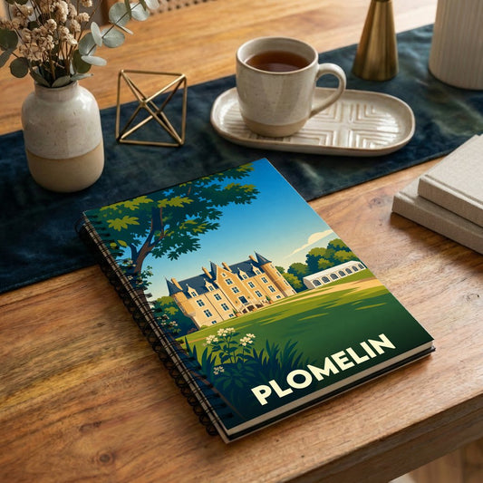 Carnet de notes souvenir de la ville de Plomelin avec une illustration stylisée d'un château.