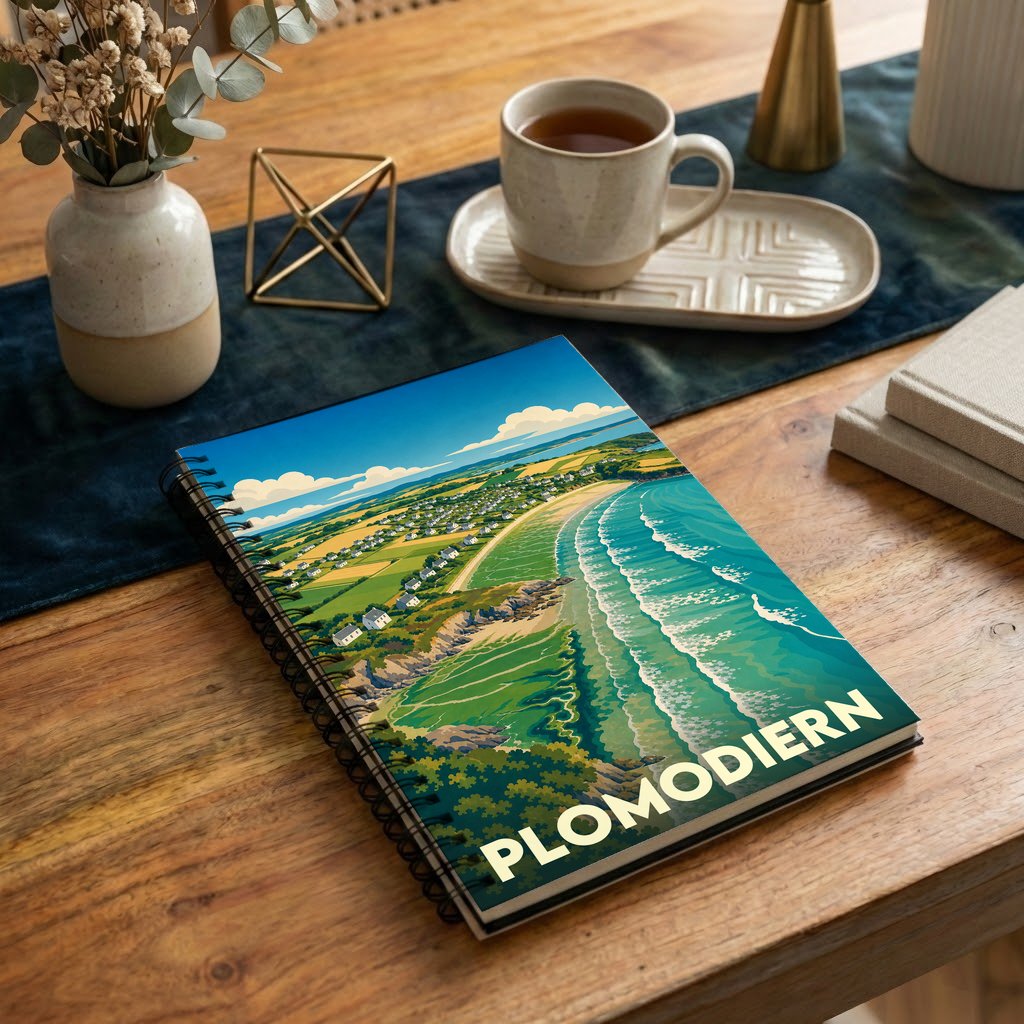 Carnet à spirales souvenir de la ville de Plomodiern avec une illustration stylisée de son paysage côtier.