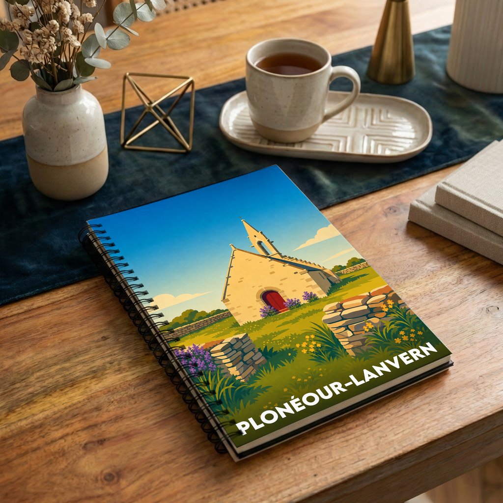 Carnet à spirales souvenir de la ville de Plonéour-Lanvern avec une illustration stylisée d'une chapelle.