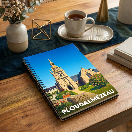 Carnet à spirales souvenir de la ville de Ploudalmézeau avec une illustration stylisée de son église.