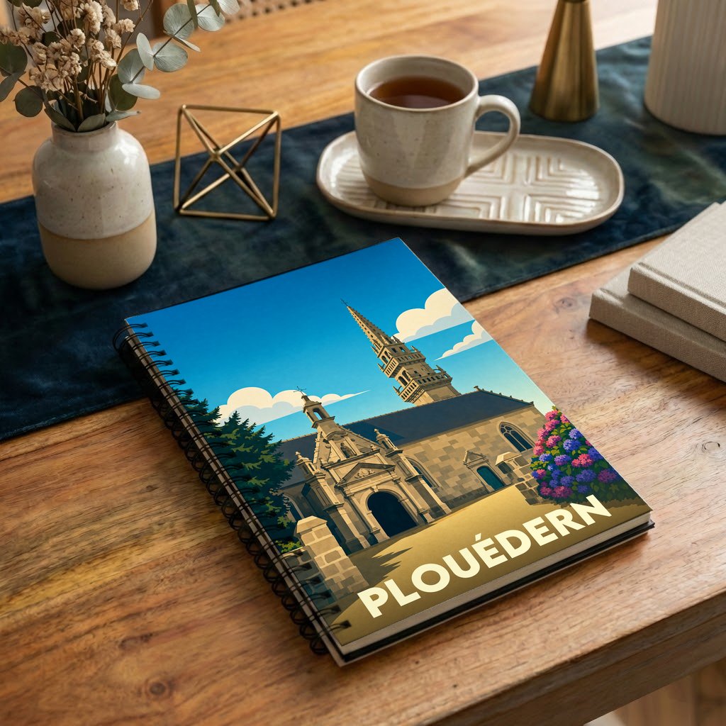 Carnet à spirales souvenir de la ville de Plouédern avec une illustration stylisée de son église.