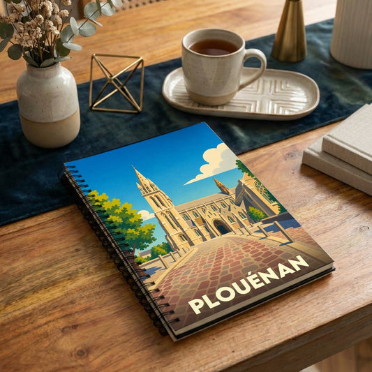 Carnet à spirale souvenir de la ville de Plouénan avec une illustration stylisée de son église.