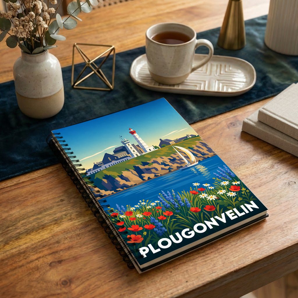 Carnet de notes souvenir de la ville de Plougonvelin avec une illustration stylisée.