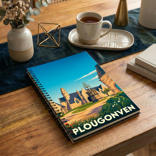 Carnet souvenir de la ville de Plougonven avec une illustration stylisée de son patrimoine architectural.