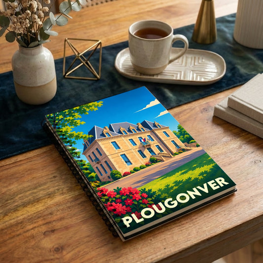 Carnet souvenir de la ville de Plougonver avec une illustration stylisée d'un manoir breton.