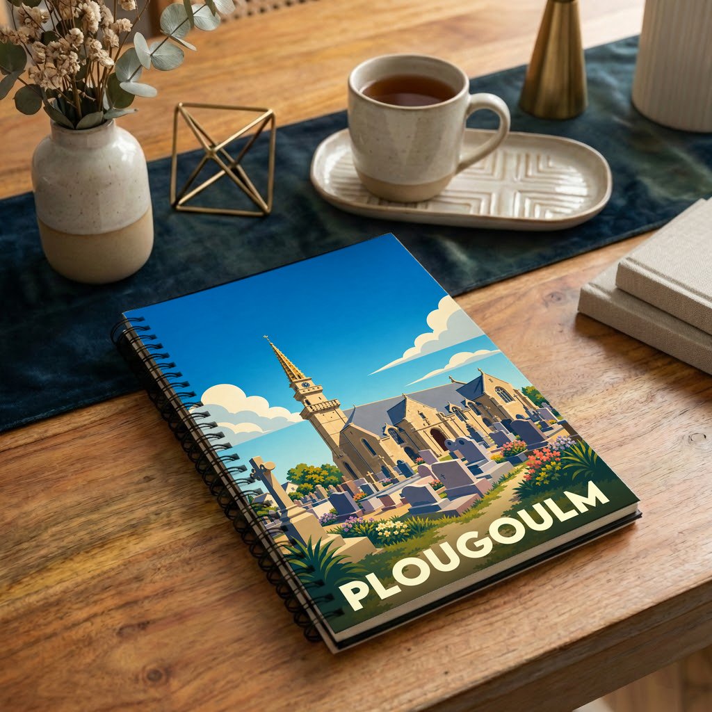Carnet à spirales souvenir de la ville de Plougoulm avec une illustration stylisée de son église et de son cimetière.