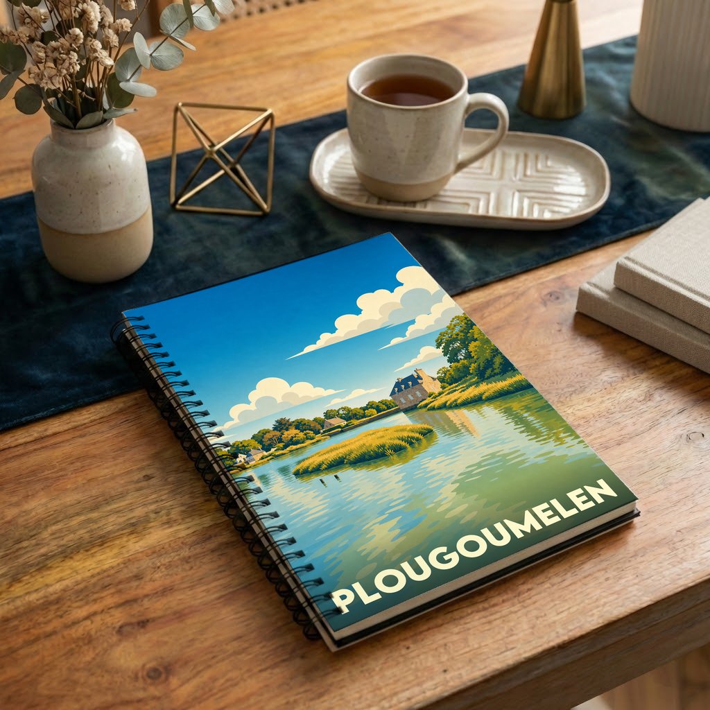 Carnet à spirales souvenir de la ville de Plougoumelen avec une illustration stylisée de son paysage côtier.