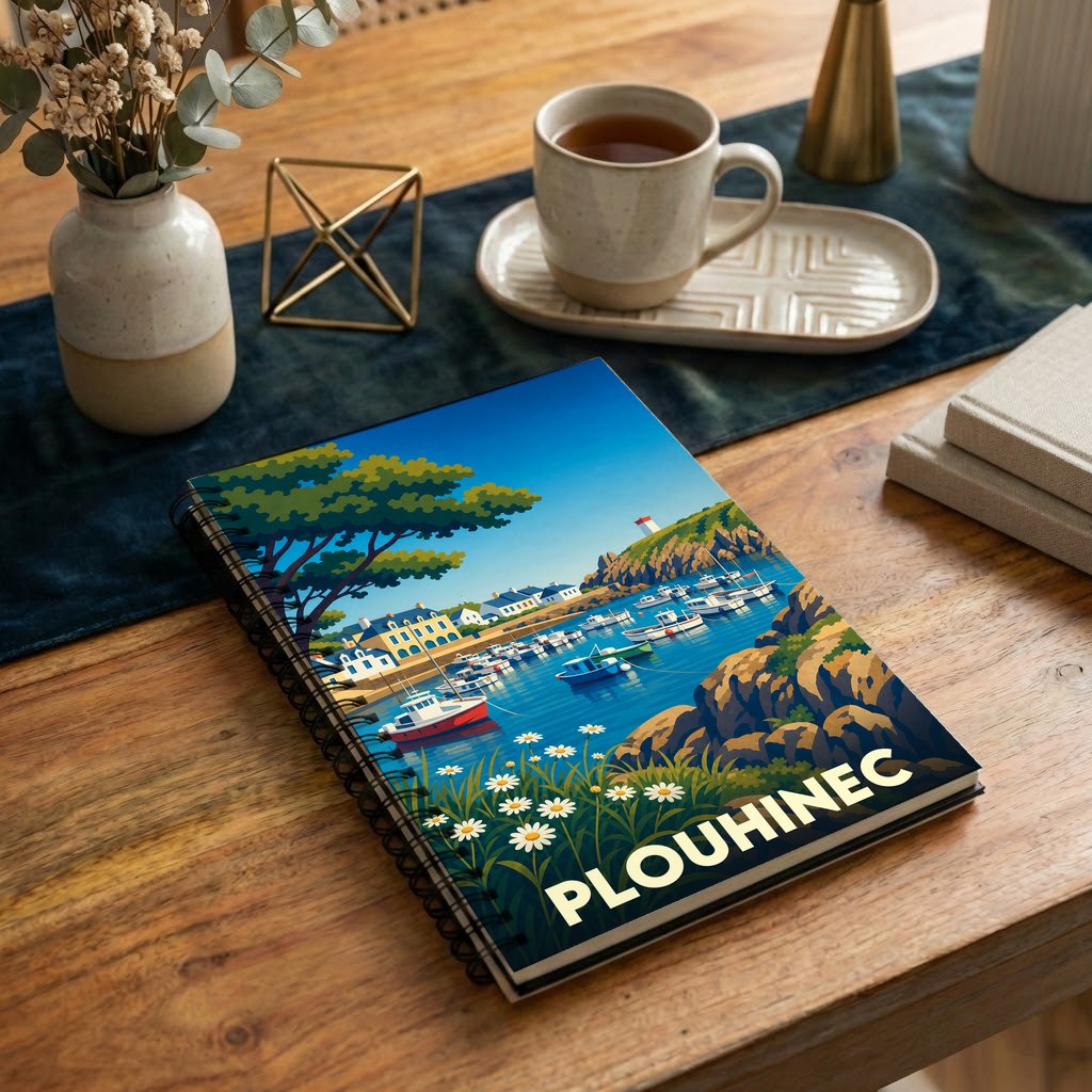 Carnet souvenir de la ville de Plouhinec avec une illustration stylisée de son port.