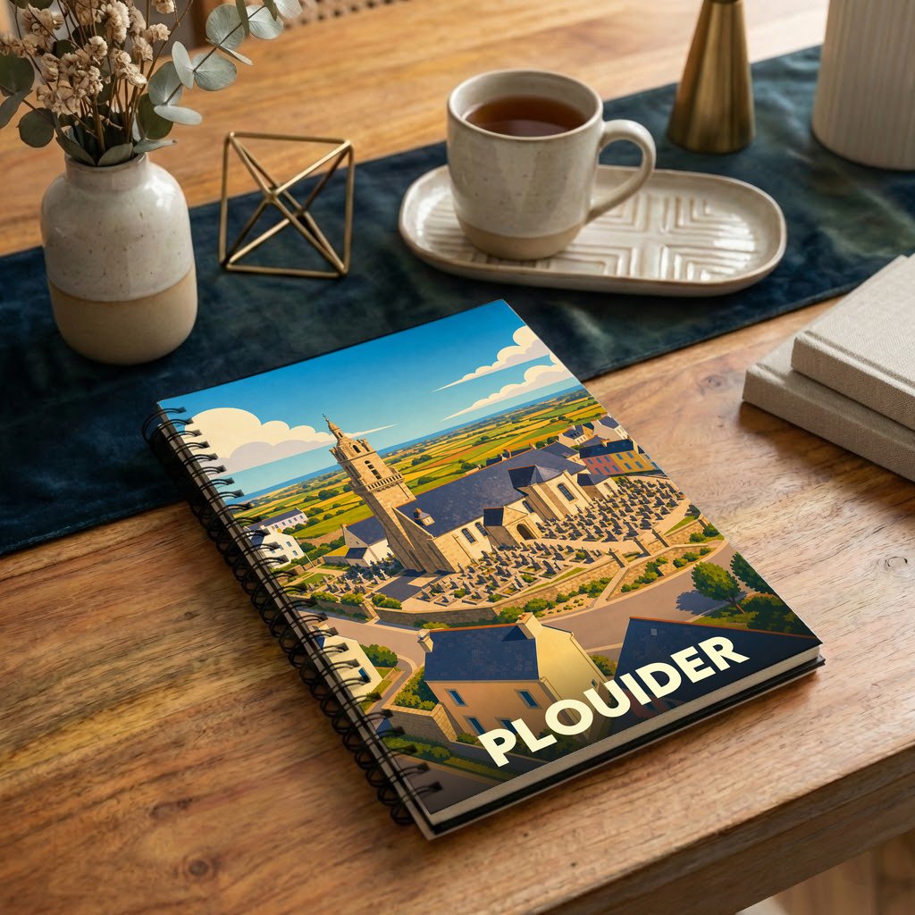 Carnet à spirales souvenir de la ville de Plouider avec une illustration stylisée de son église et de ses paysages.