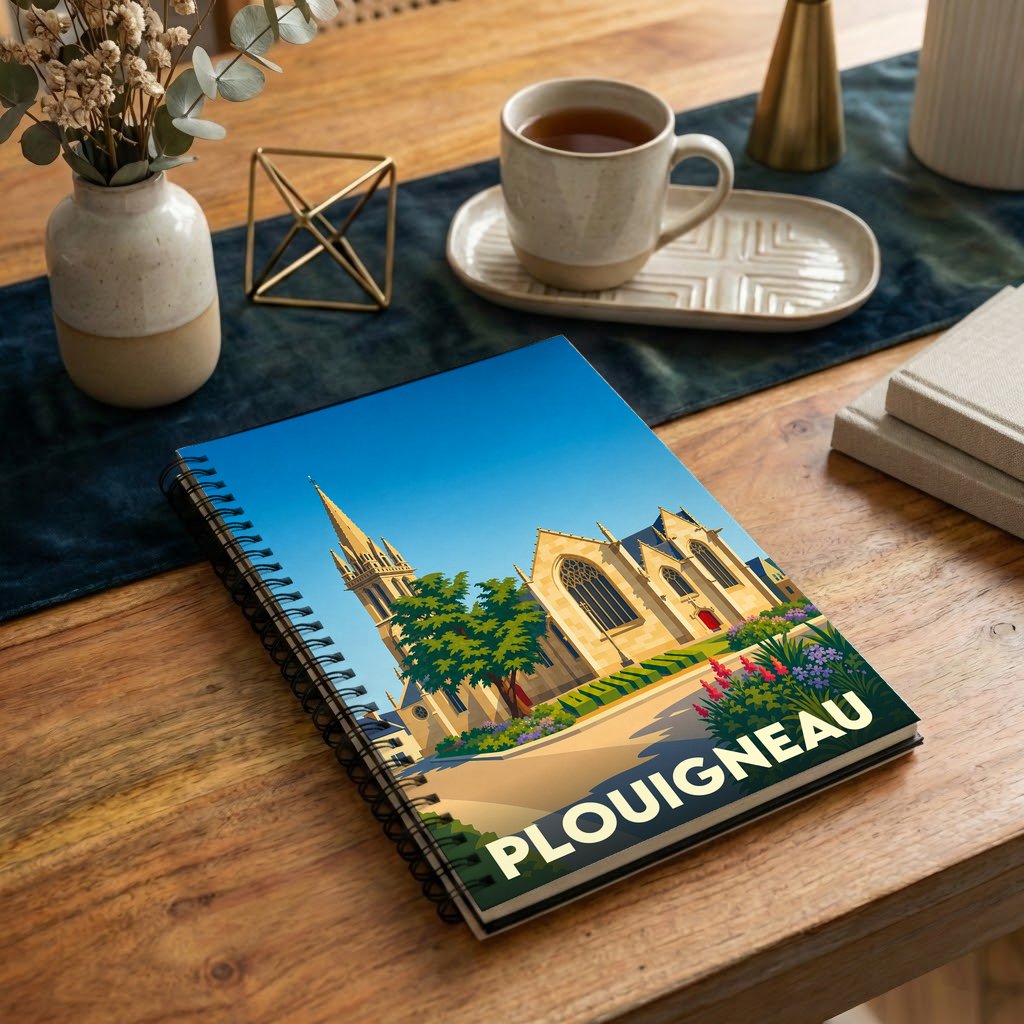 Carnet souvenir à spirales de la ville de Plouigneau avec une illustration stylisée de son église.