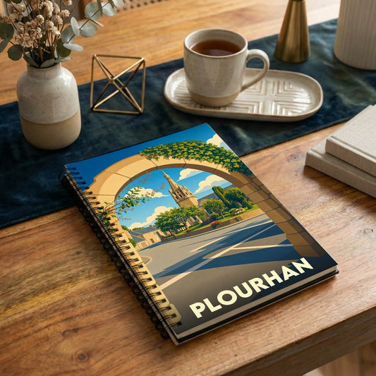 Carnet souvenir de la ville de Plourhan avec une illustration stylisée d'un clocher vu à travers une arche fleurie.
