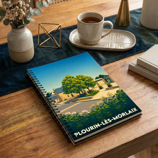 Carnet à spirales souvenir de la ville de Plourin-lès-Morlaix avec une illustration stylisée et colorée.