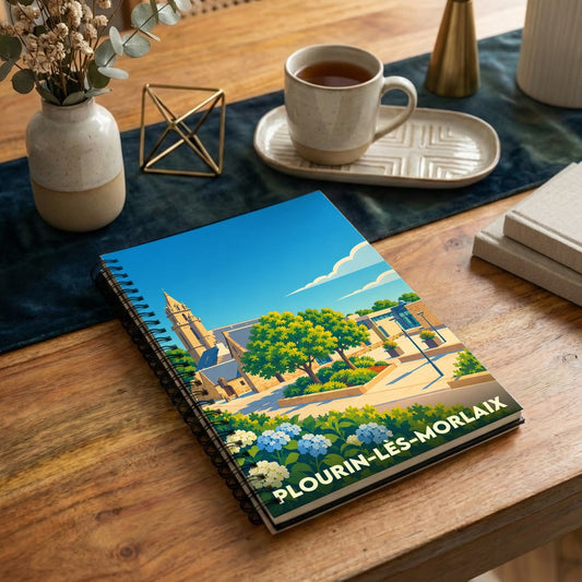 Carnet à spirale souvenir de la ville de Plourin-lès-Morlaix avec une illustration stylisée et colorée.