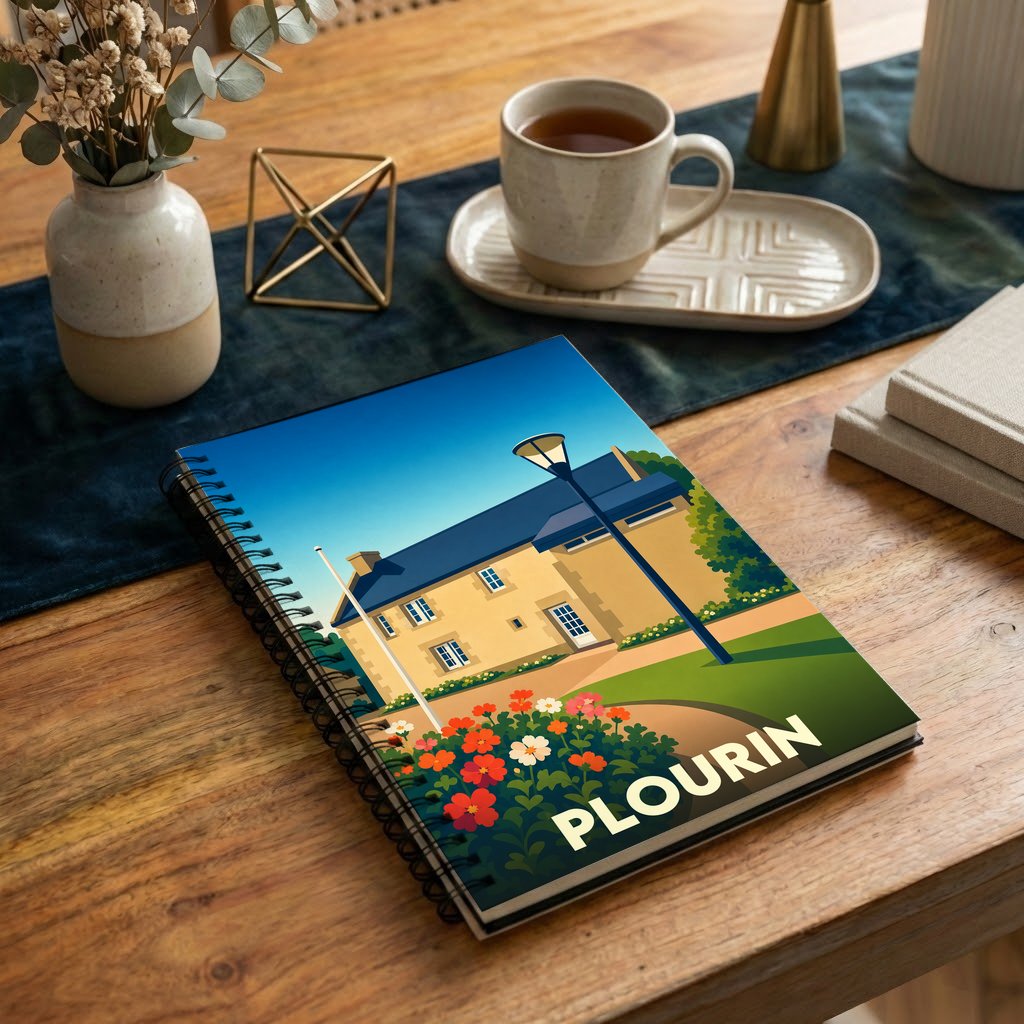 Carnet à spirale souvenir de la ville de Plourin avec une illustration stylisée d'une maison fleurie.