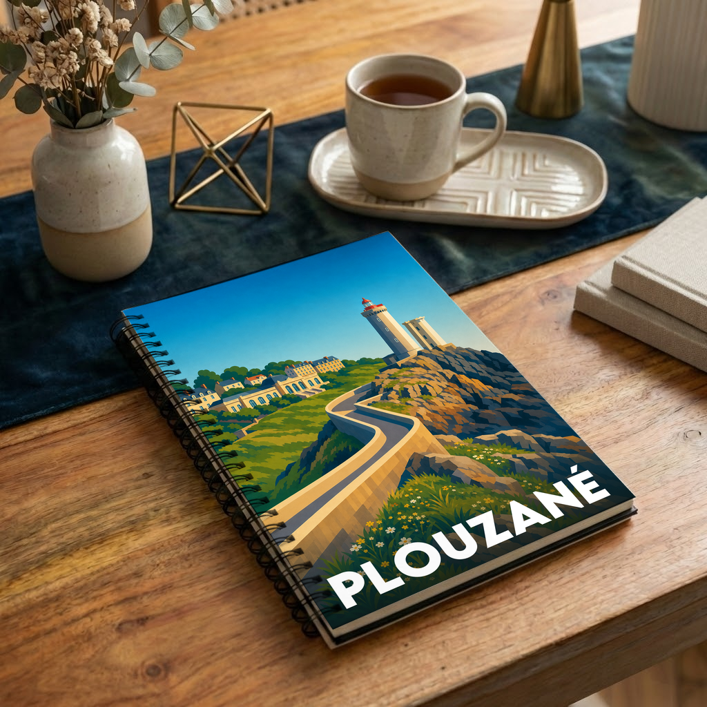 Carnet souvenir de la ville de Plouzané avec une illustration stylisée de son littoral et de son phare.
