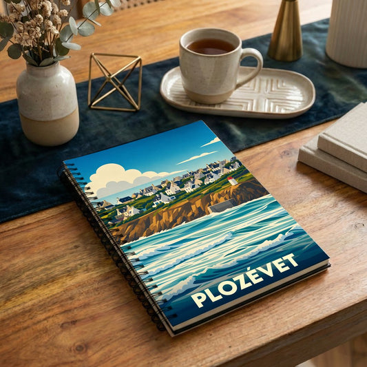 Carnet à spirales souvenir de la ville de Plozévet avec une illustration stylisée de son littoral.