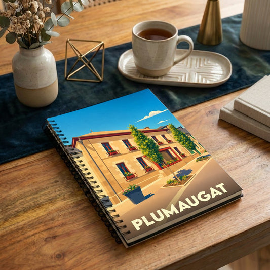 Carnet à spirales souvenir de la ville de Plumaugat avec une illustration stylisée.
