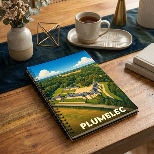 Carnet à spirales souvenir de la ville de Plumelec avec une illustration stylisée d'un château vue du ciel.