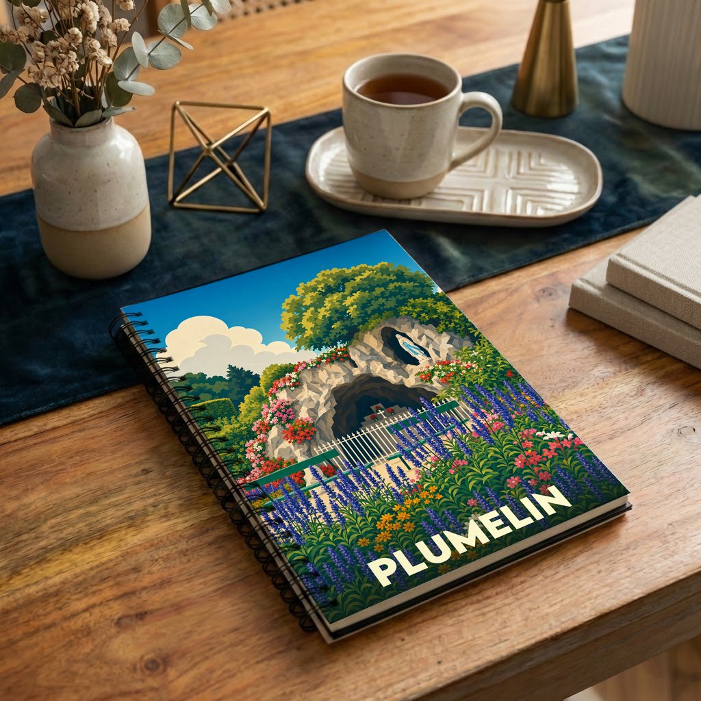 Carnet souvenir de la ville de Plumelin avec une illustration colorée représentant une grotte fleurie.
