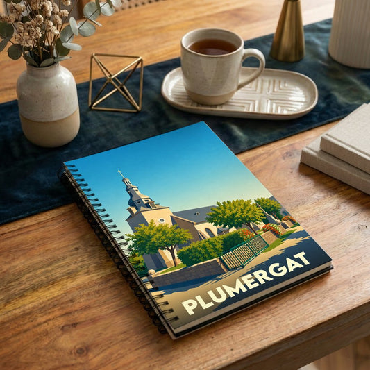 Carnet à spirales souvenir de la ville de Plumergat avec une illustration stylisée de son église.