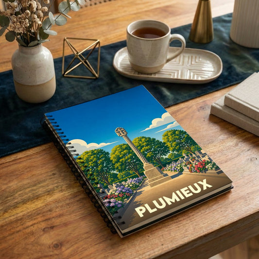 Carnet souvenir de la ville de Plumieux avec une illustration stylisée de son calvaire et de son cimetière paysager.