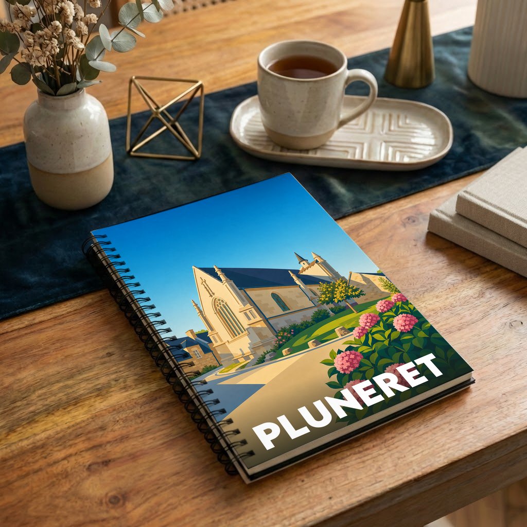 Carnet souvenir de la ville de Pluneret avec une illustration stylisée de son église et de fleurs.