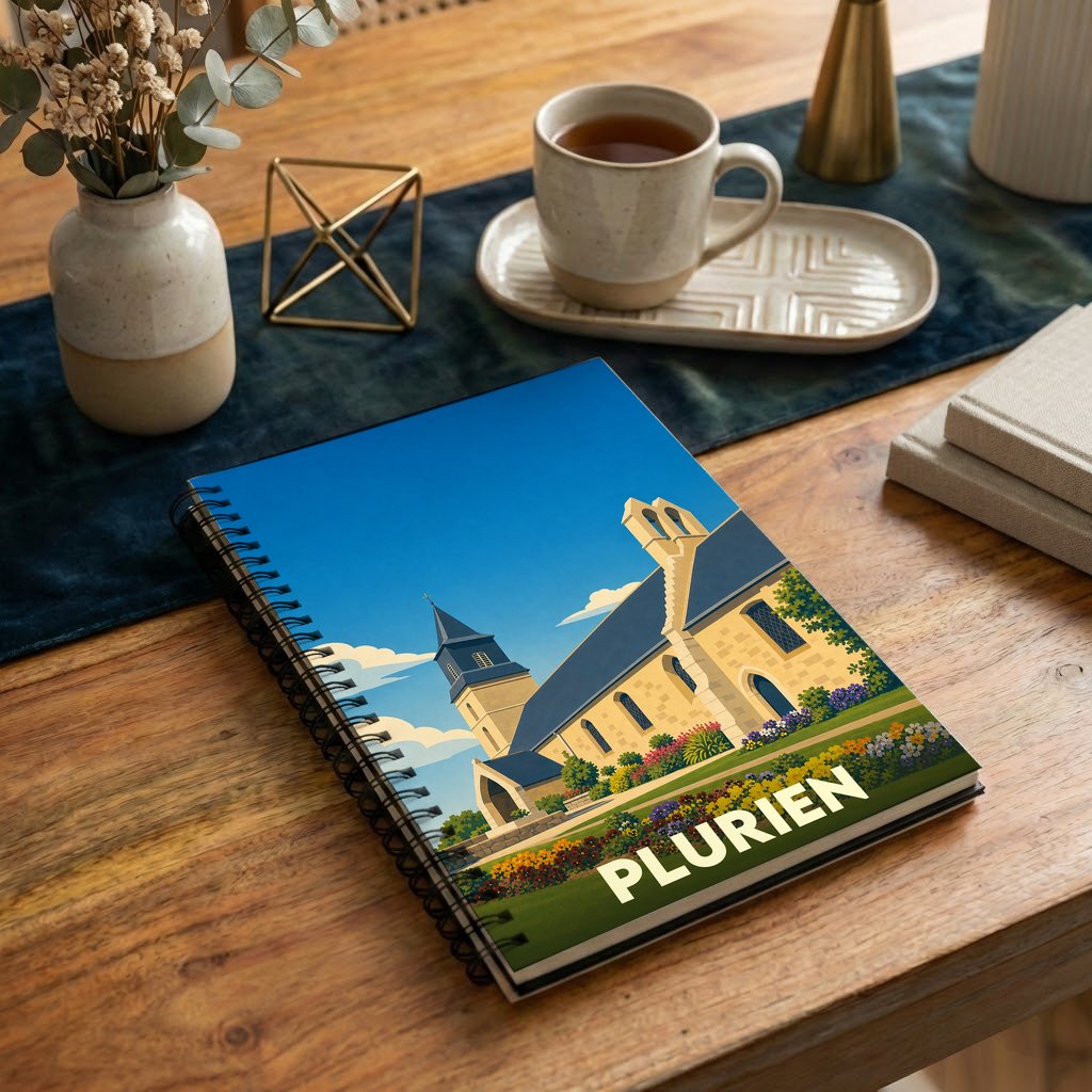 Carnet à spirales souvenir de la ville de Plurien avec une illustration stylisée de son église.