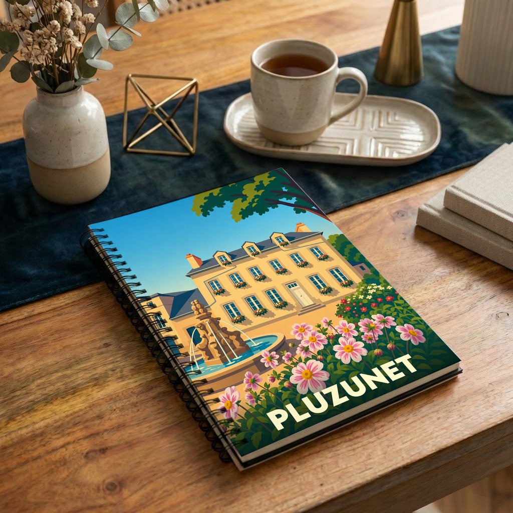 Carnet souvenir de la ville de Pluzunet avec une illustration colorée d'un manoir et d'une fontaine.