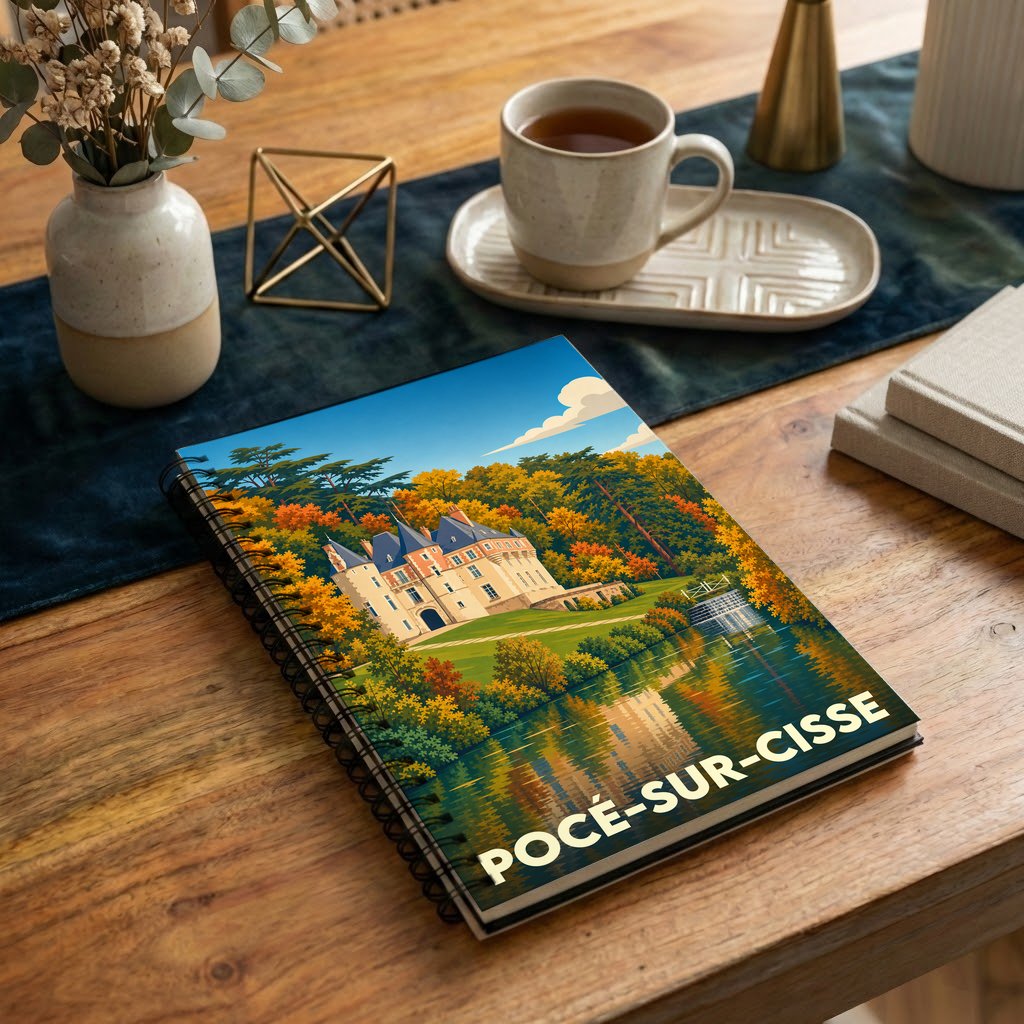 Carnet souvenir de la ville de Pocé-sur-Cisse avec une illustration stylisée d'un château en automne.