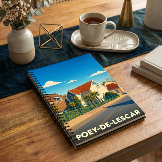 Carnet souvenir de la ville de Poey-de-Lescar avec une illustration colorée et stylisée de ses bâtiments.