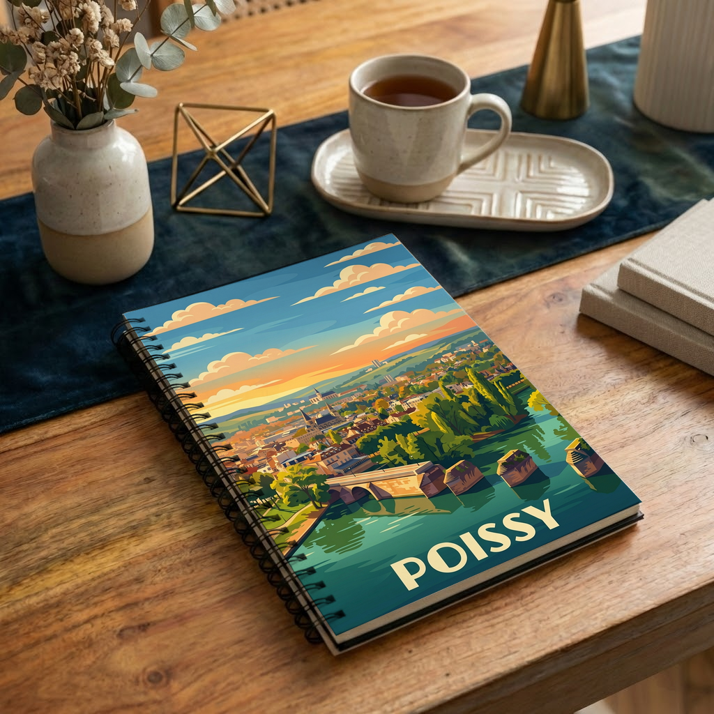 Carnet souvenir de la ville de Poissy avec une illustration stylisée.