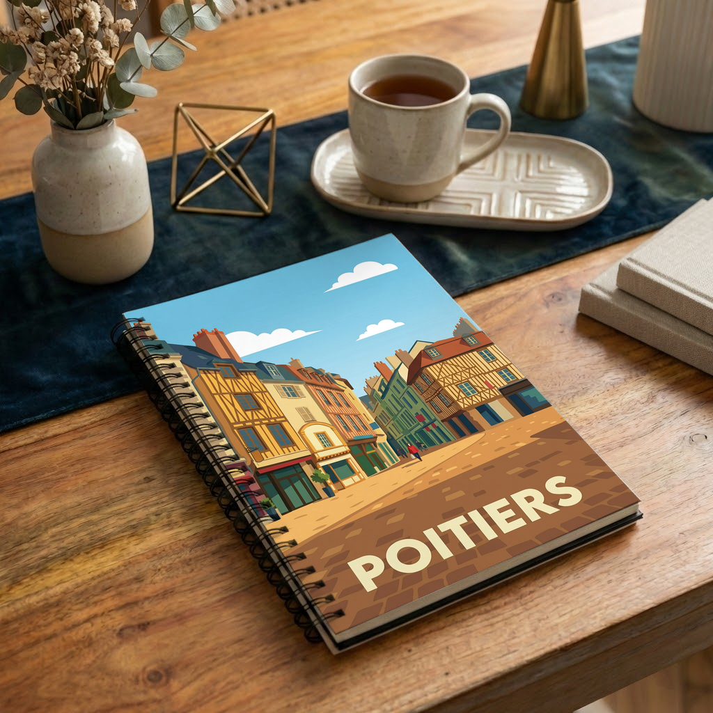 Carnet souvenir de la ville de Poitiers avec une illustration stylisée de maisons à colombages.