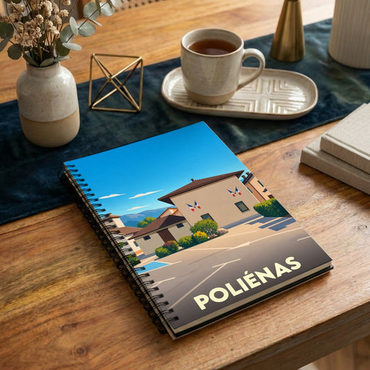 Carnet souvenir de la ville de Poliénas illustré d'un dessin stylisé du village.