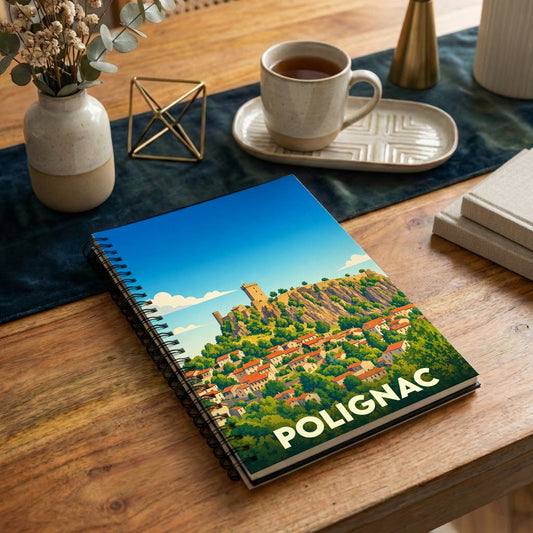 Carnet à spirales souvenir de la ville de Polignac avec une illustration stylisée de sa forteresse et de son village.