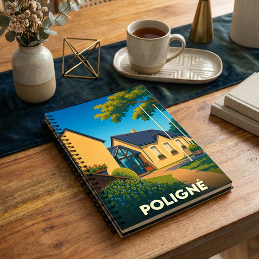 Carnet souvenir de la ville de Poligné avec une illustration stylisée et colorée.
