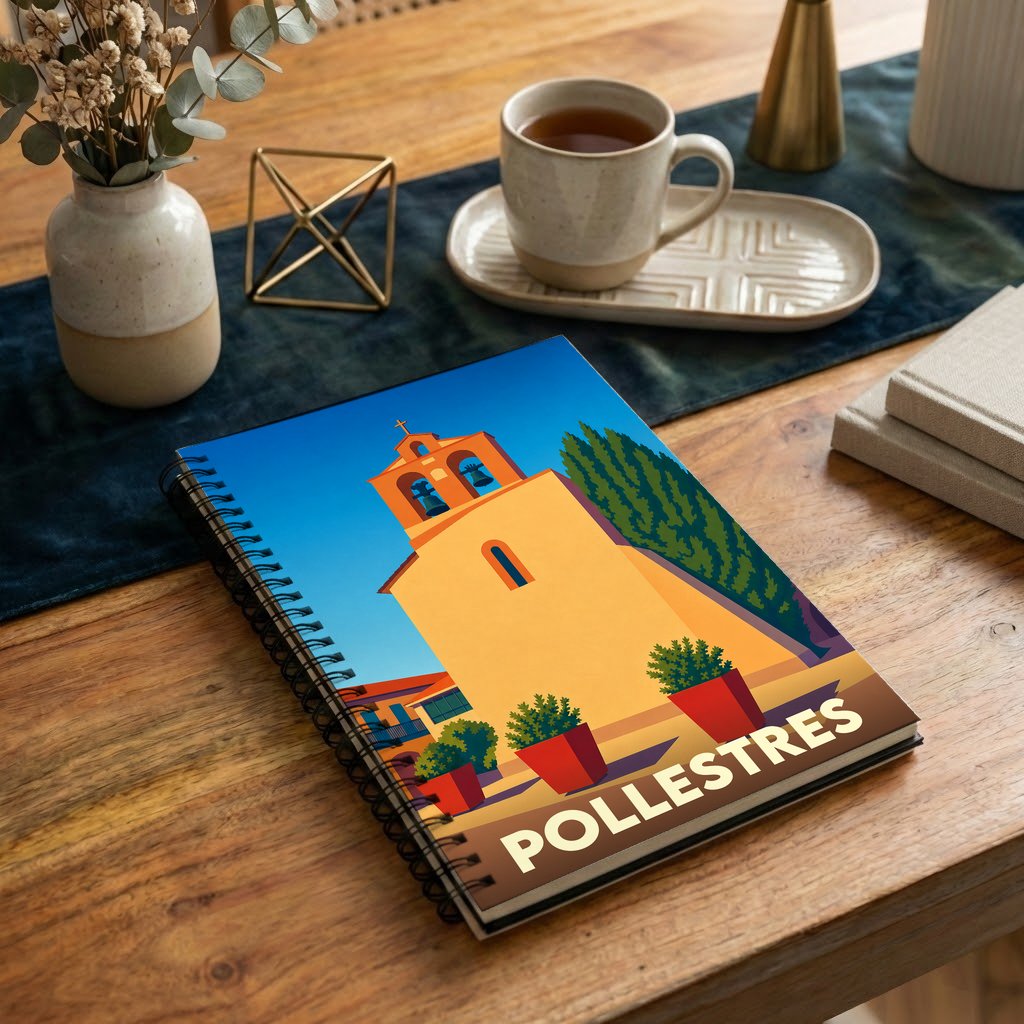 Carnet à spirales souvenir de la ville de Pollestres avec une illustration stylisée de son église.