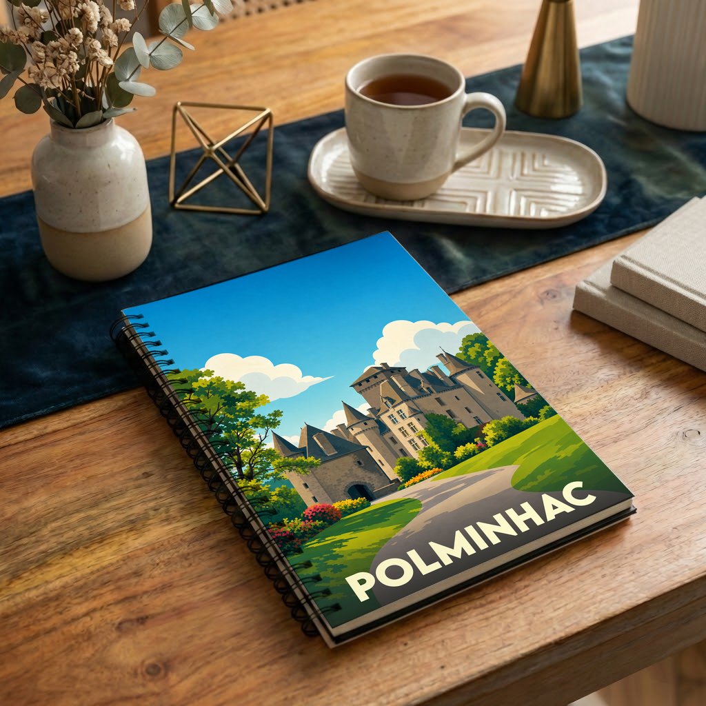 Carnet à spirales souvenir de la ville de Polminhac avec une illustration stylisée de son château.