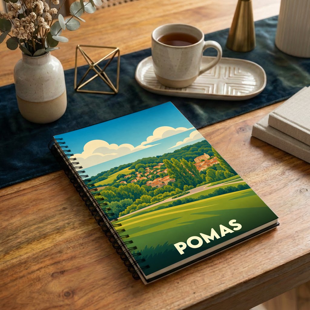 Carnet souvenir de la ville de Pomas avec une illustration stylisée de son paysage vallonné.