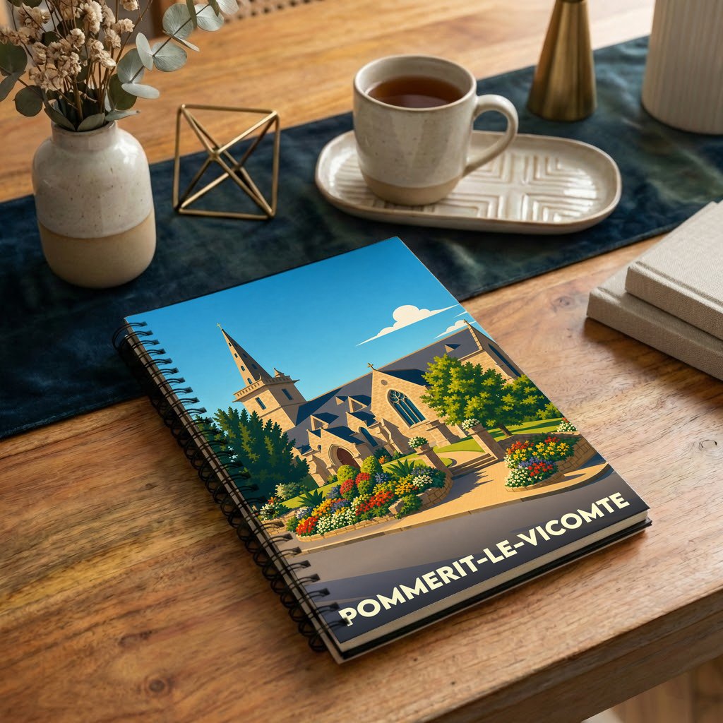 Carnet à spirales souvenir de la ville de Pommerit-le-Vicomte illustré par un dessin stylisé de son église et de ses jardins fleuris.