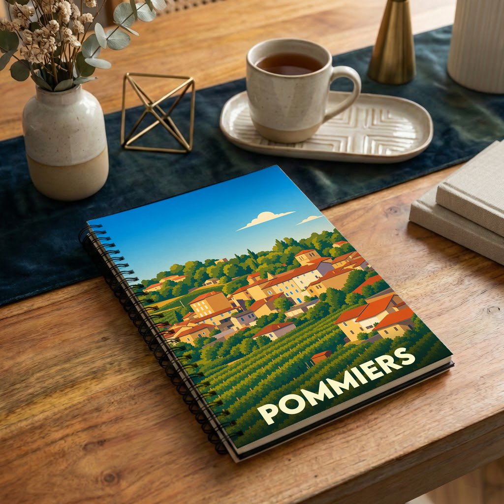 Carnet souvenir de la ville de Pommiers illustré par un paysage de village et de vignes.