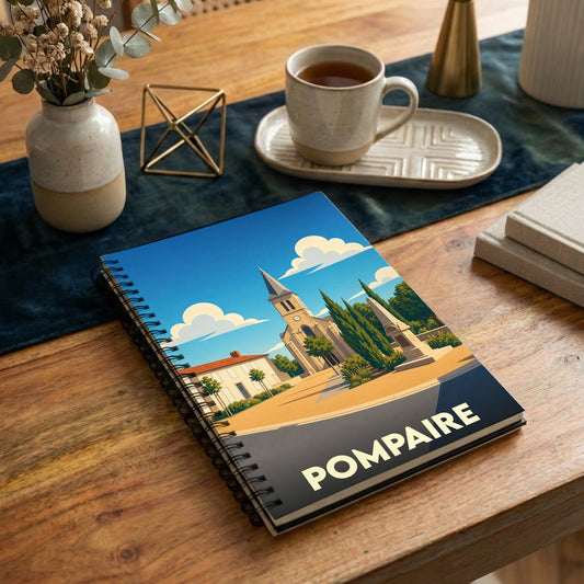 Carnet à spirales souvenir de la ville de Pompaire avec une illustration stylisée de son église.