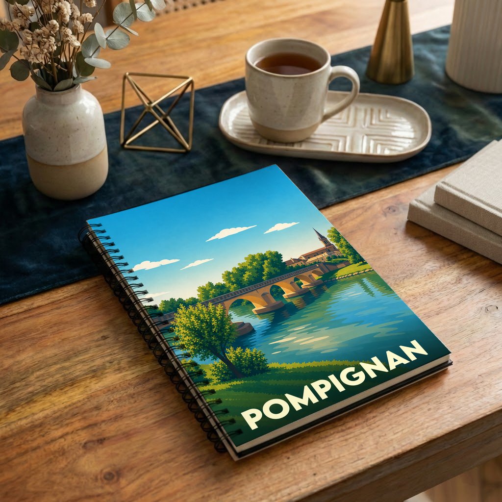 Carnet souvenir de la ville de Pompignan avec une illustration stylisée d'un pont enjambant une rivière.