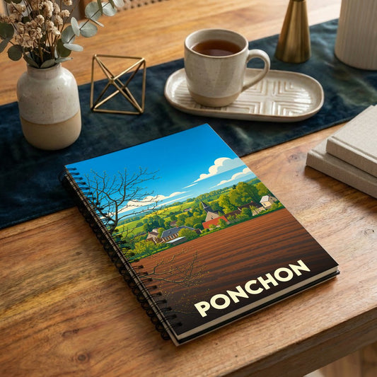 Carnet de notes souvenir de la ville de Ponchon avec une illustration de paysage rural stylisée.