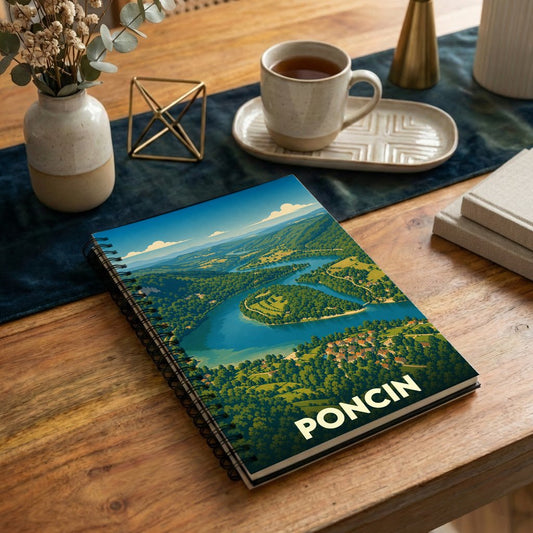 Carnet de notes souvenir de la ville de Poncin orné d'une illustration stylisée de sa rivière sinueuse.