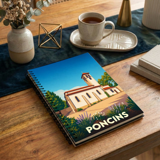 Carnet souvenir de la ville de Poncins avec une illustration stylisée de son église.