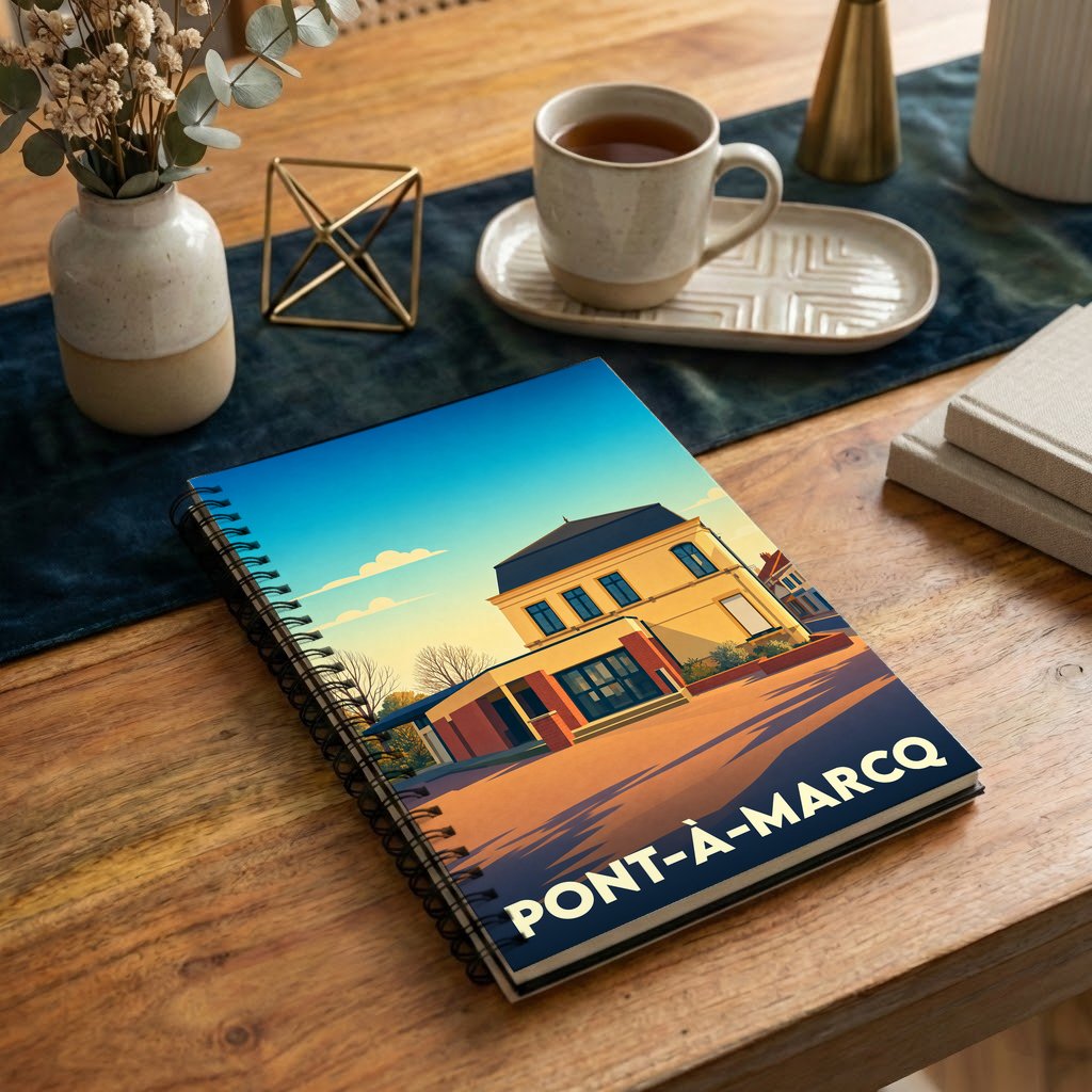 Carnet à spirales souvenir de la ville de Pont-à-Marcq avec une illustration stylisée.