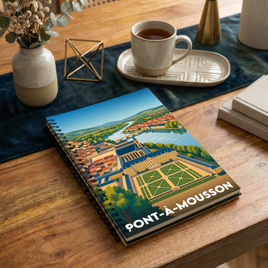 Carnet souvenir de la ville de Pont-à-Mousson avec une illustration stylisée.