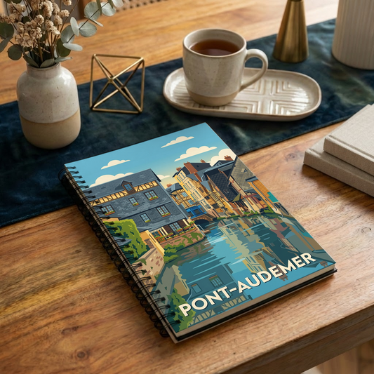 Carnet souvenir de la ville de Pont-Audemer avec une illustration stylisée.