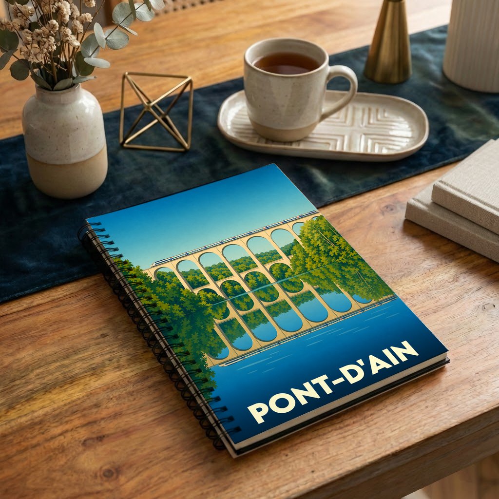 Carnet souvenir de la ville de Pont-d'Ain avec une illustration stylisée de son viaduc se reflétant dans l'eau.
