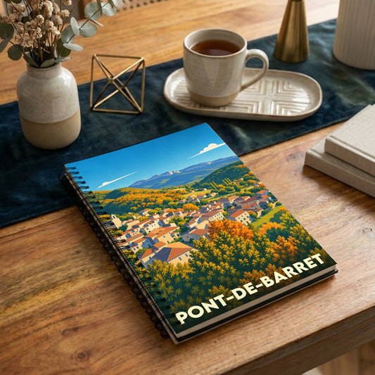 Carnet de notes souvenir de la ville de Pont-de-Barret avec une illustration de paysage stylisée.